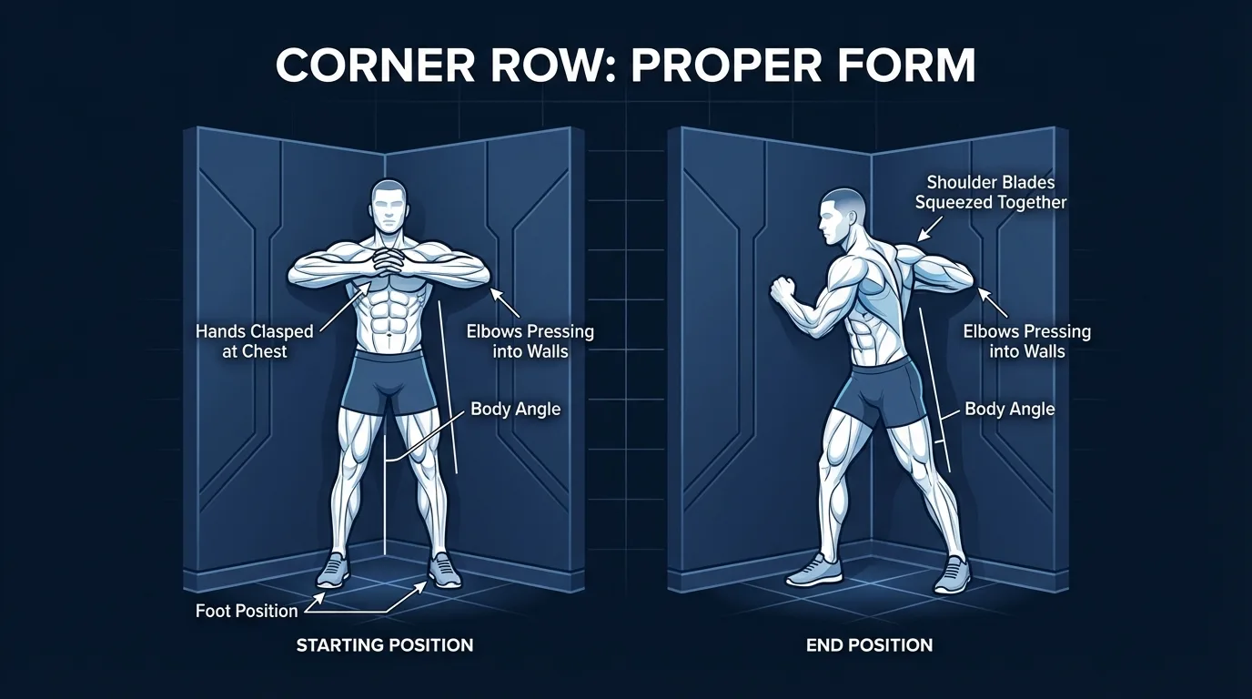 Corner row proper form: leaned-back start position with arms fully extended gripping the wall corner, and pulled-in position with chest near the wall edge and shoulder blades retracted