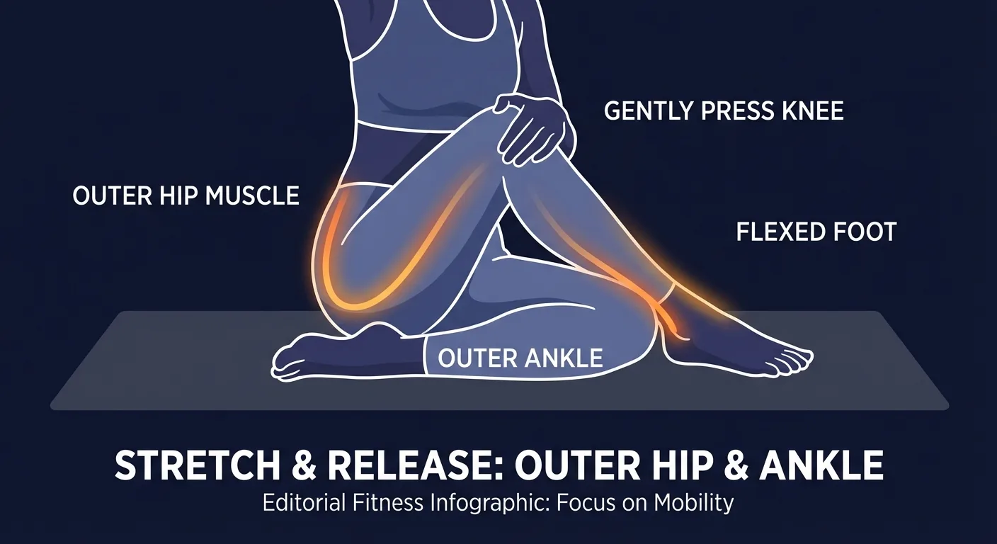 Cross-legged ankle stretch areas stretched: peroneal muscles on the outside of the lower leg, piriformis and gluteus medius in the outer hip, and the lateral ankle ligaments mobilized through inversion and external rotation