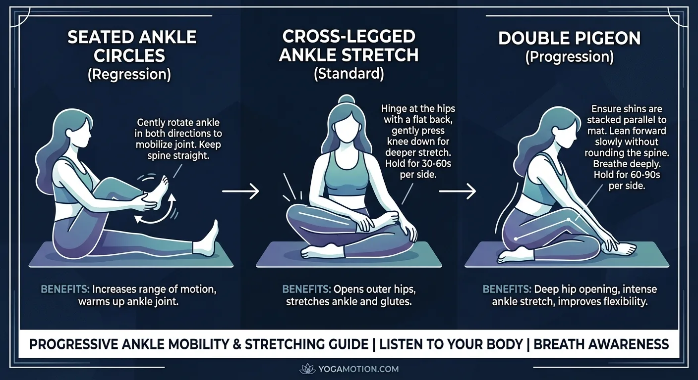 Cross-legged ankle stretch progression path from beginner seated ankle circles through standard cross-legged hold to the advanced forward fold variation and double pigeon (fire log) pose