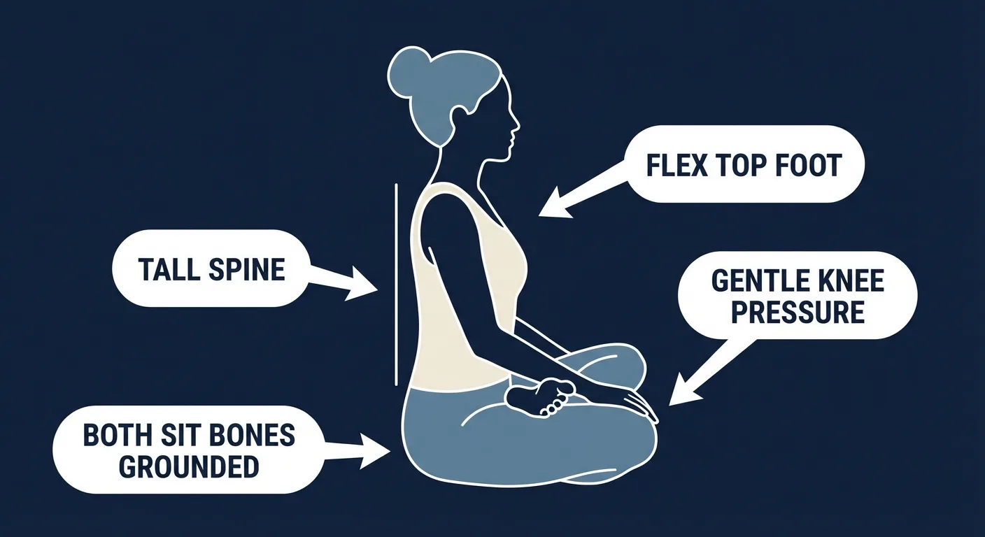 Cross-legged ankle stretch proper form: flexed top foot with toes pulled back toward the shin, tall spine through the crown of the head, and gentle two-finger pressure on the top knee