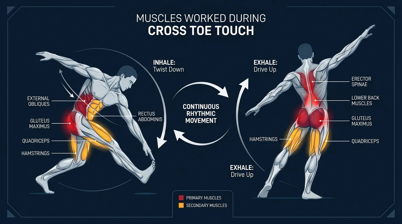 Cross toe touches muscles activated: internal and external obliques and rectus abdominis as primary movers, with hamstrings, glutes, erector spinae, and deltoids as secondary movers and stabilizers
