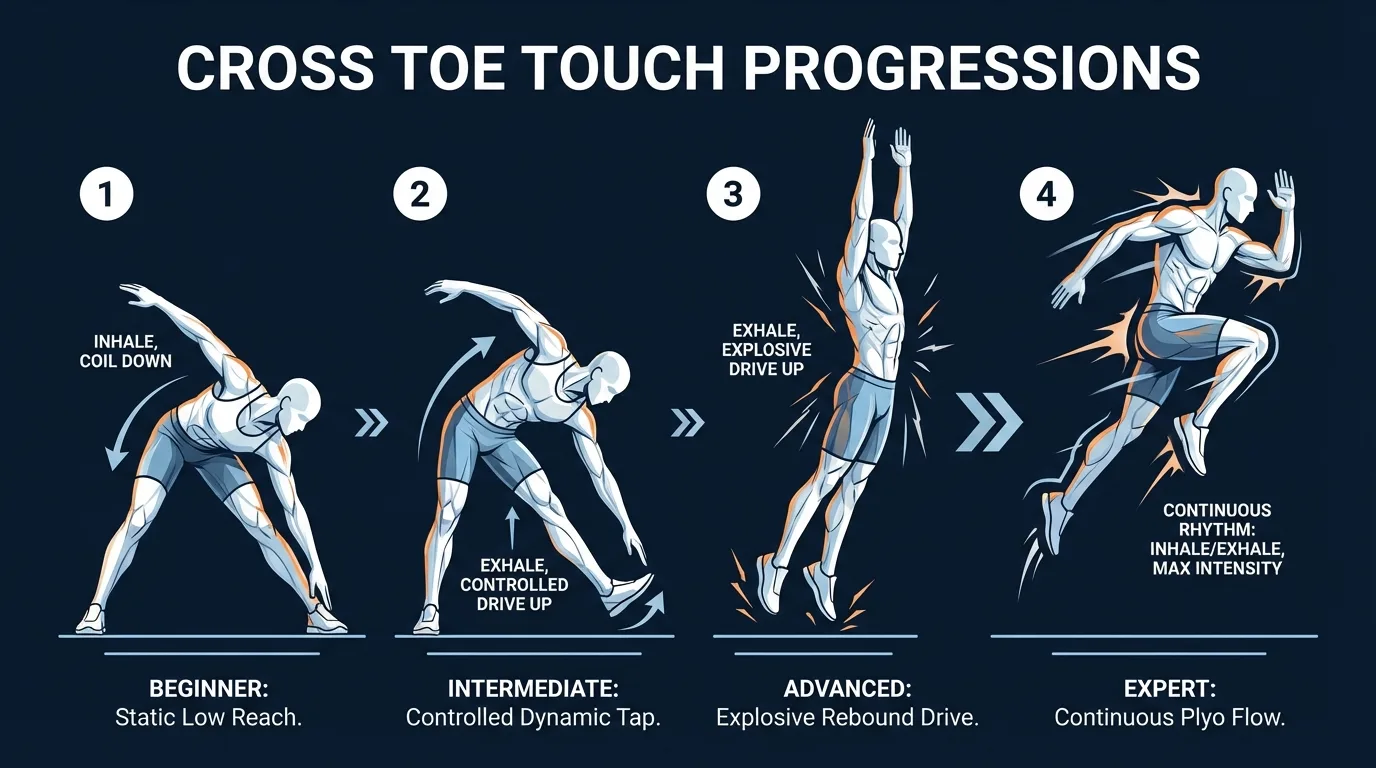 Cross toe touches progression path from slow shin-tap reaches (beginner) to standard ankle taps (intermediate) to fast-tempo cross toe touches with explosive knee drive (advanced)