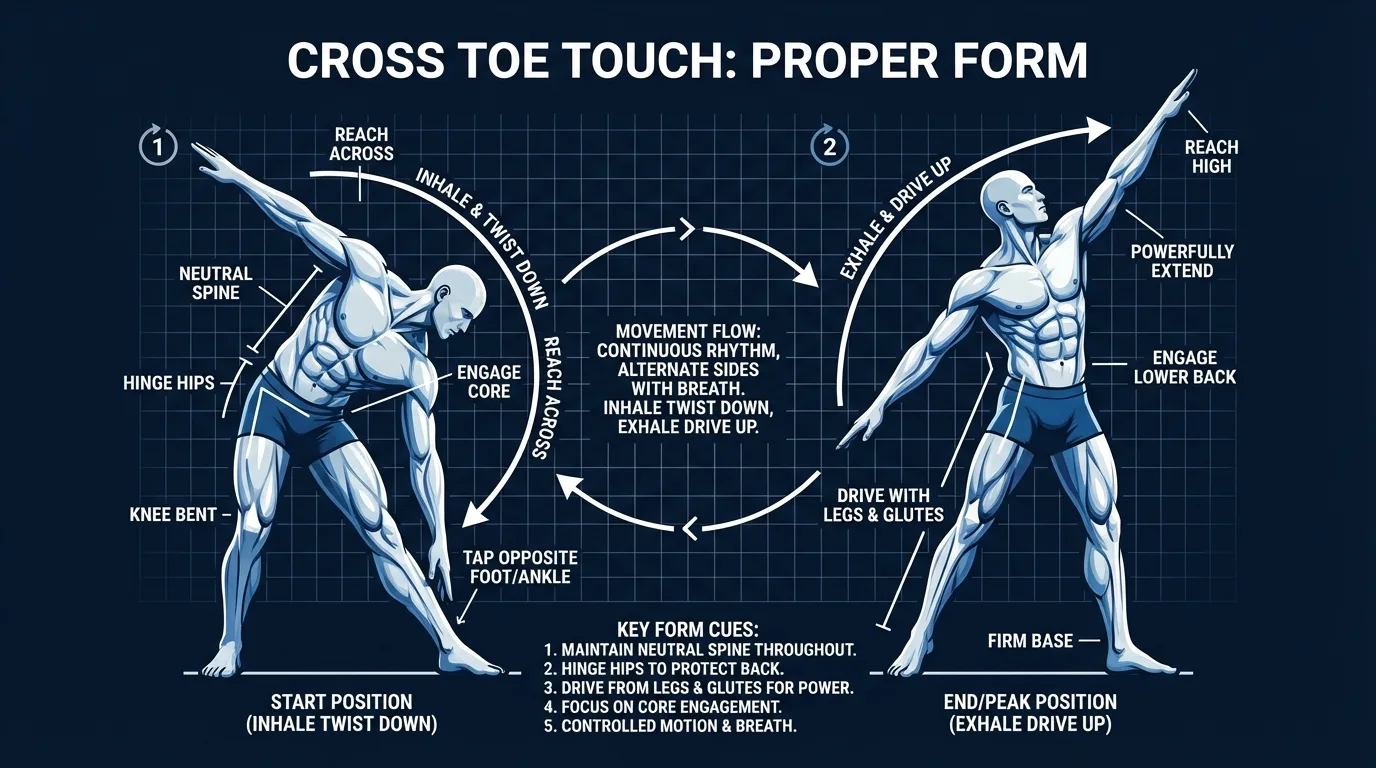 Cross toe touches proper form: standing athlete coiling down with a torso twist to tap one hand across to the opposite ankle, then driving back up out of the twist using legs, glutes, and lower back