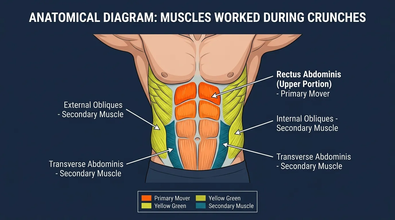 Crunch muscles activated: rectus abdominis as the primary mover, with the obliques and hip flexors assisting, and the diaphragm and pelvic floor stabilizing the deep core canister