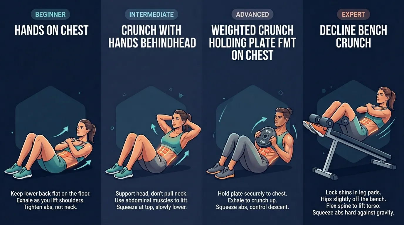 Crunch variations from beginner to advanced: partial crunch with shortened range of motion, standard floor crunch, bicycle crunch with rotation, and weighted crunch holding a plate to the chest