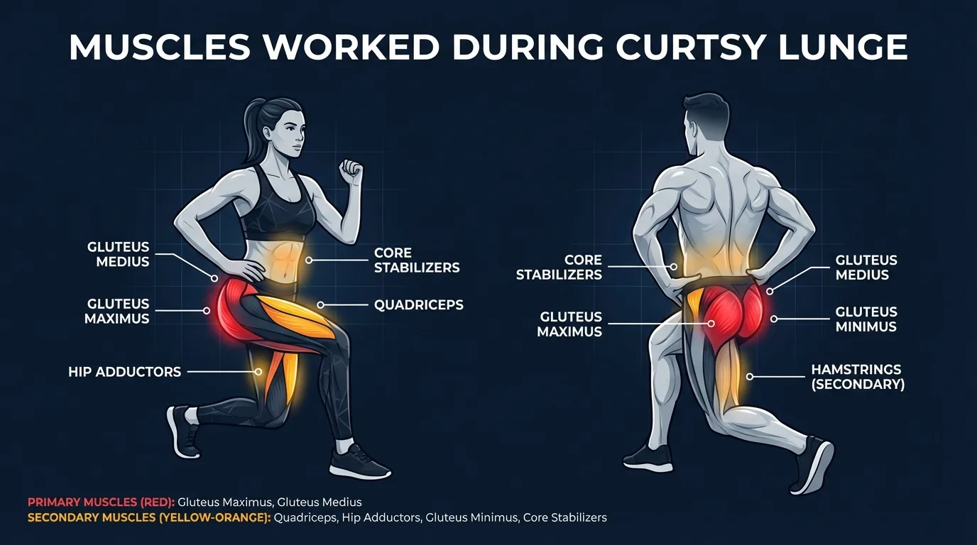 Curtsy lunge muscles activated: gluteus maximus and gluteus medius as primary movers, with the quadriceps, hip adductors, and gluteus minimus as secondary muscles and the core as stabilizer