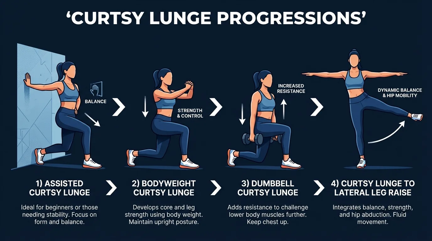 Curtsy lunge progression from assisted with wall support to bodyweight freestanding to dumbbell-loaded to curtsy lunge with lateral leg raise combo, showing increasing difficulty