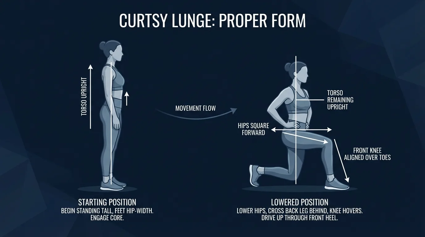 Curtsy lunge proper form showing standing start position and the lowered curtsy position with back foot crossed behind the standing leg, hips square forward, front knee tracking over toes, and torso upright