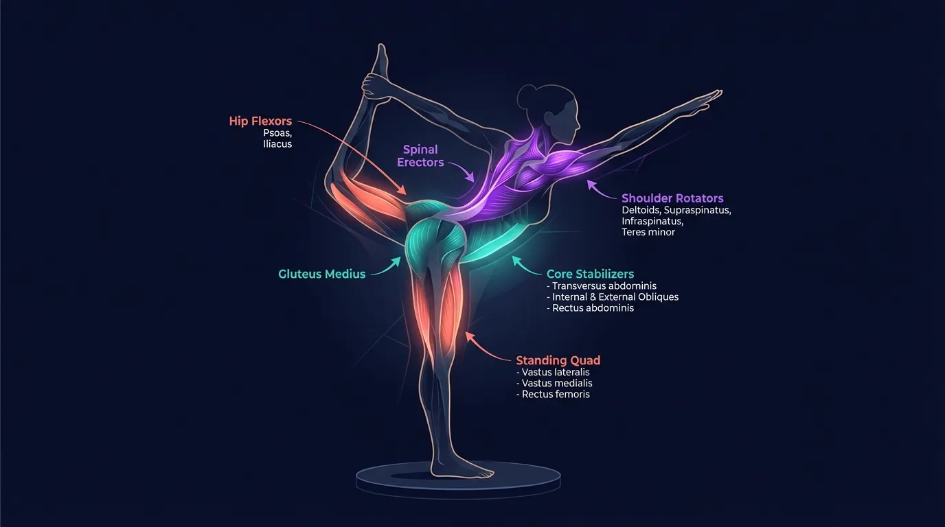 Dancer pose muscles diagram showing standing-leg quadriceps and gluteus medius working isometrically, spinal erectors driving thoracic extension, hip flexors of the lifted leg in a loaded stretch, and shoulder external rotators supporting the foot catch
