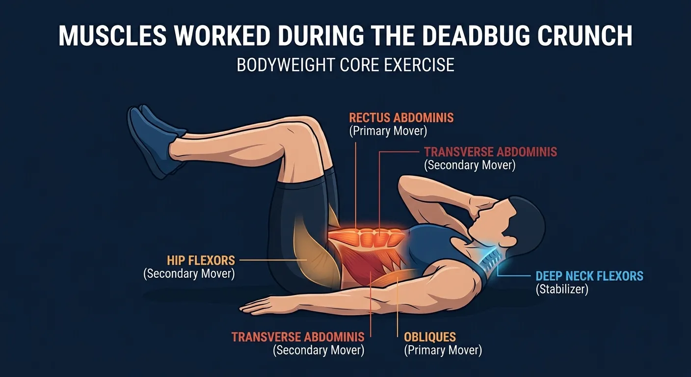 Deadbug crunch muscles activated: rectus abdominis, transverse abdominis, and obliques as primary movers, with the hip flexors and deep neck flexors assisting in the supine tabletop position
