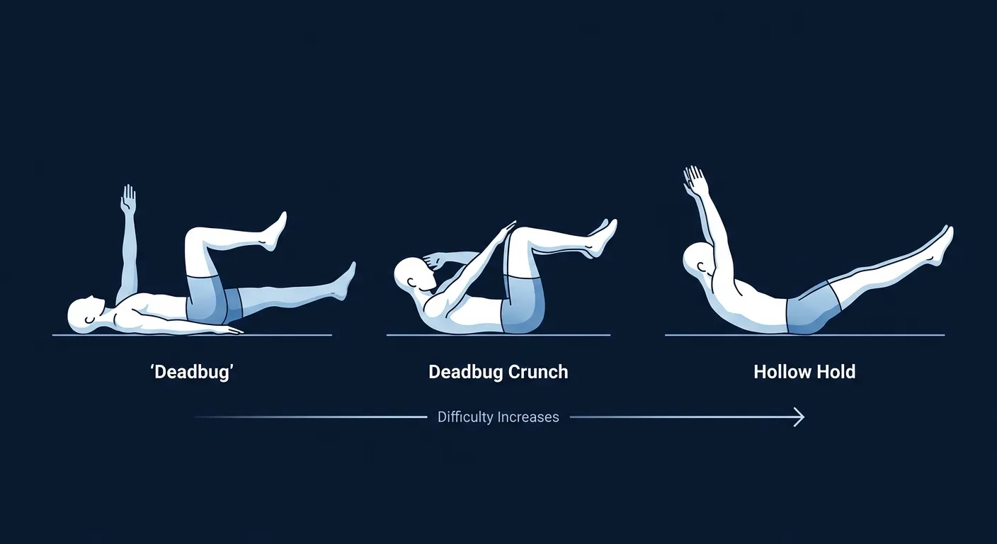 Deadbug crunch progression path from the standard deadbug to the deadbug crunch to the hollow hold