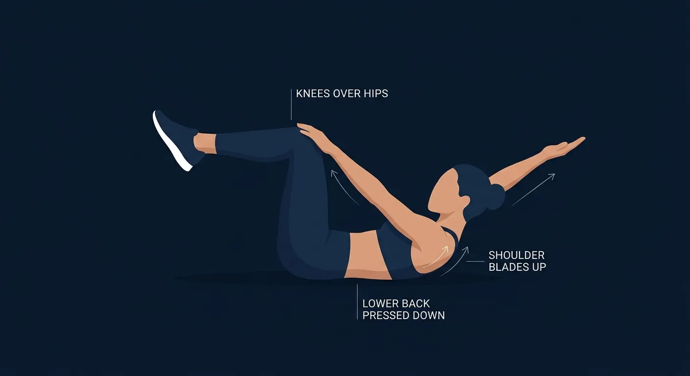 Deadbug crunch proper form: lying face-up with knees in tabletop over the hips, shoulder blades curled off the floor, hand reaching toward the opposite knee, lower back pressed into the floor