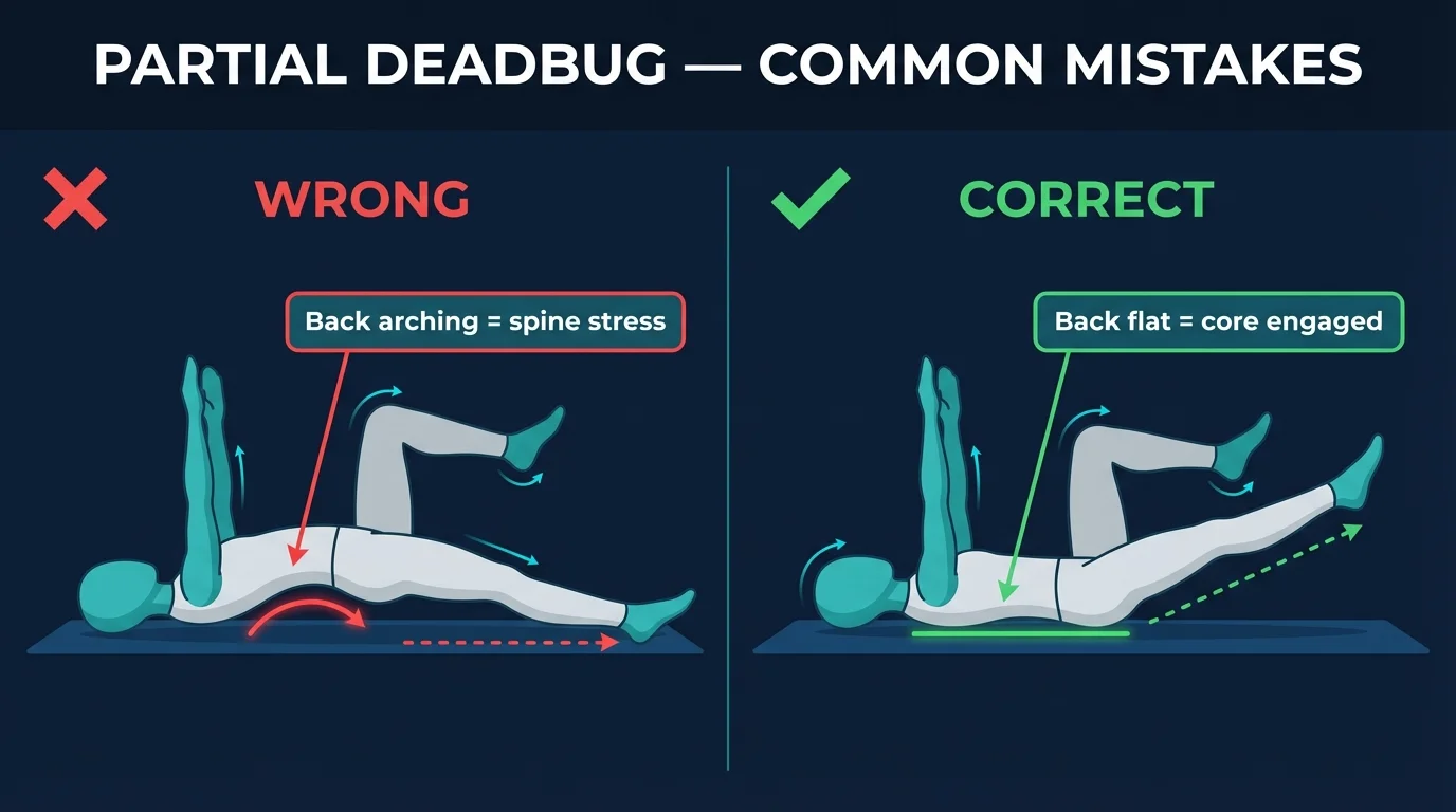 Common partial deadbug mistakes showing lower back arching off the floor and leg extending too quickly without core control, with the corrected form alongside