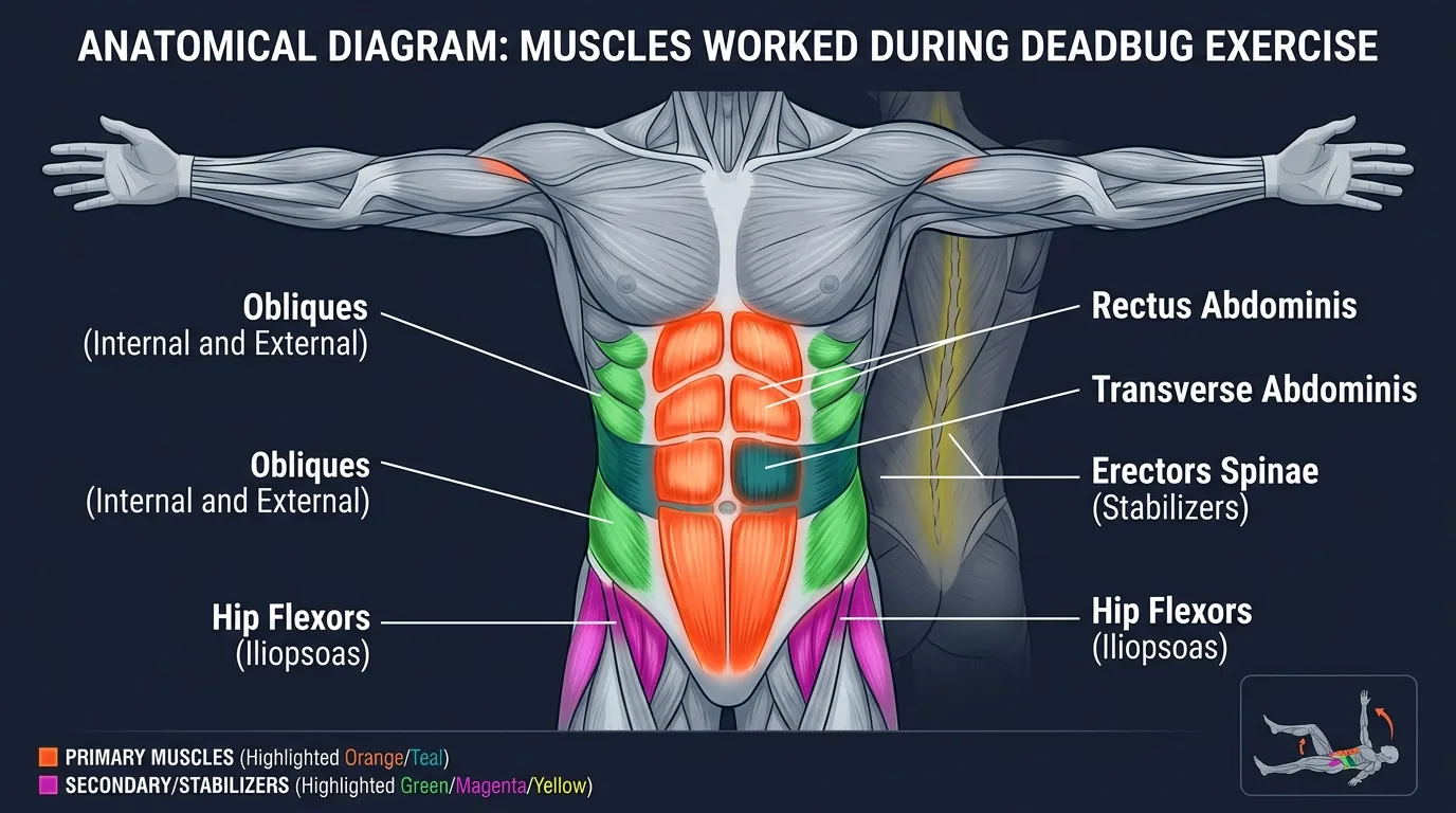 Deadbug muscles activated: rectus abdominis, transverse abdominis, and obliques as primary movers, with hip flexors, spinal erectors, and anterior deltoids assisting in the full variation