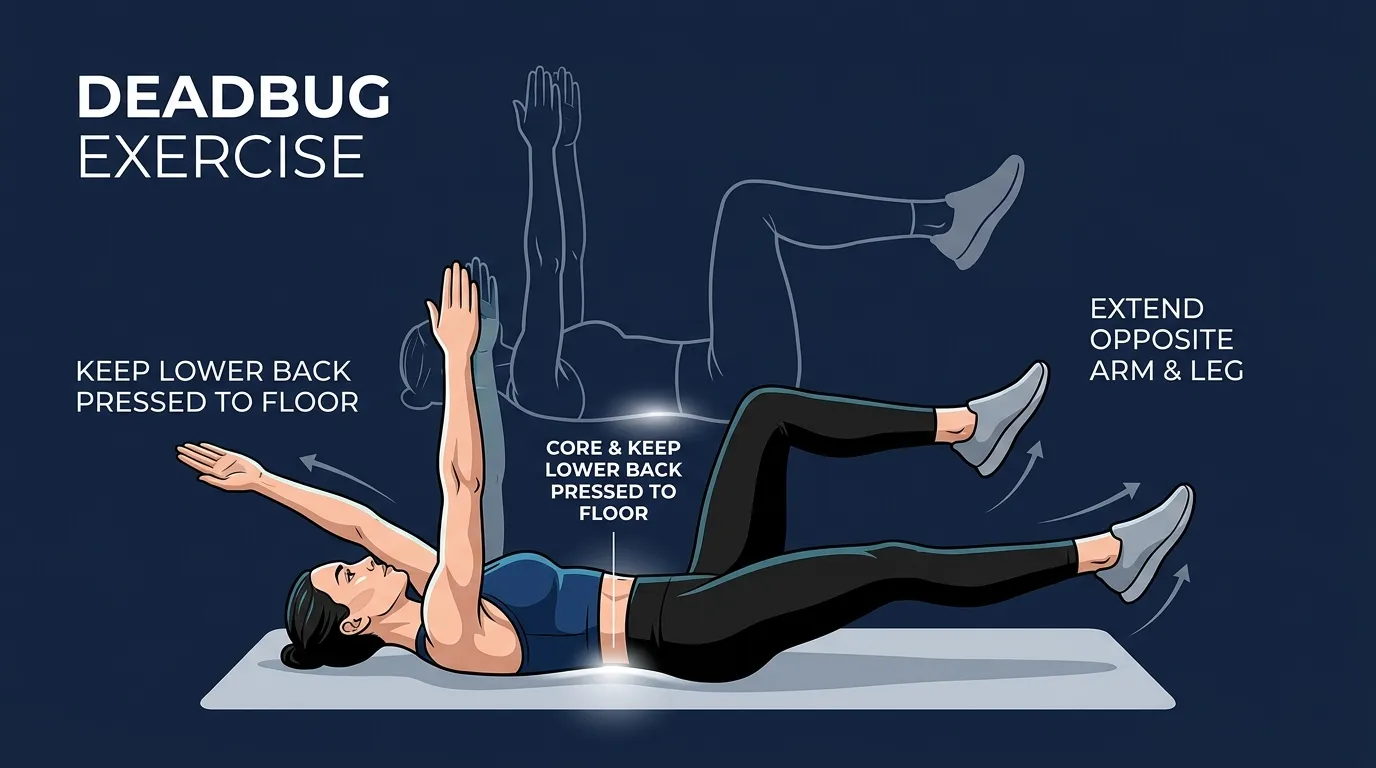 Deadbug proper form: lying face up with arms pointed at the ceiling, knees bent to 90 degrees, lower back pressed flat against the floor as the opposite arm and leg extend slowly