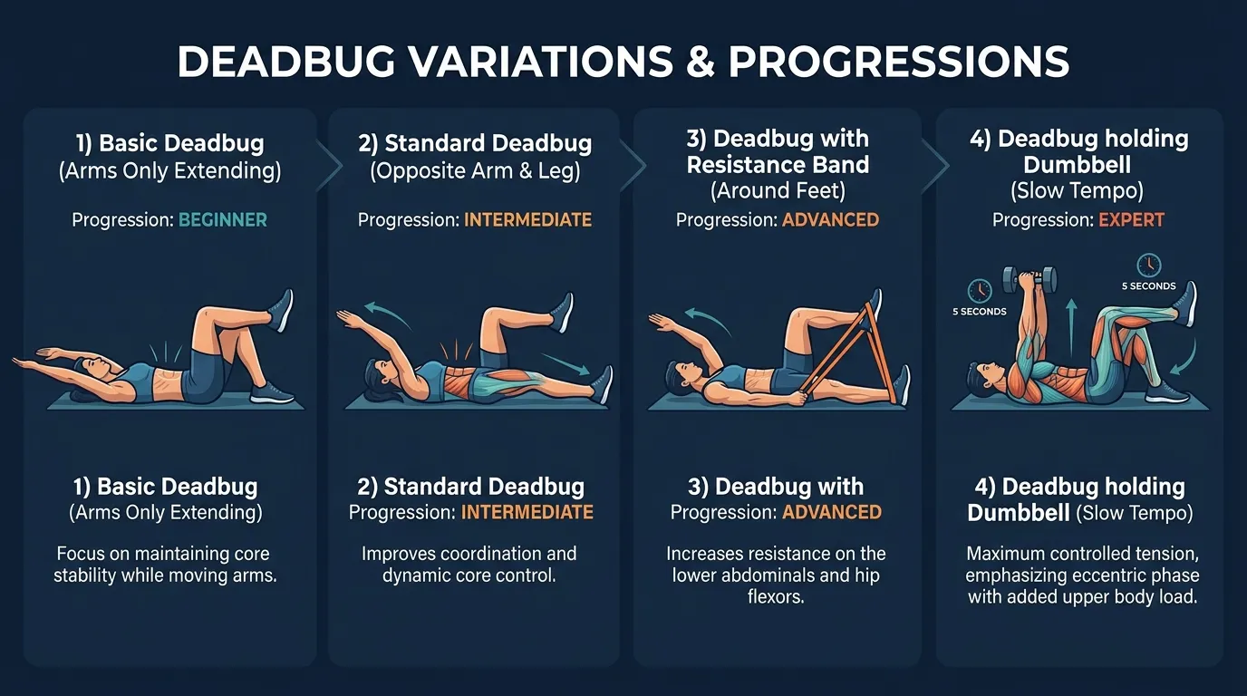 Deadbug progression from partial (beginner) to alt partial (intermediate) to full alternating (expert) to banded and stability ball (advanced)