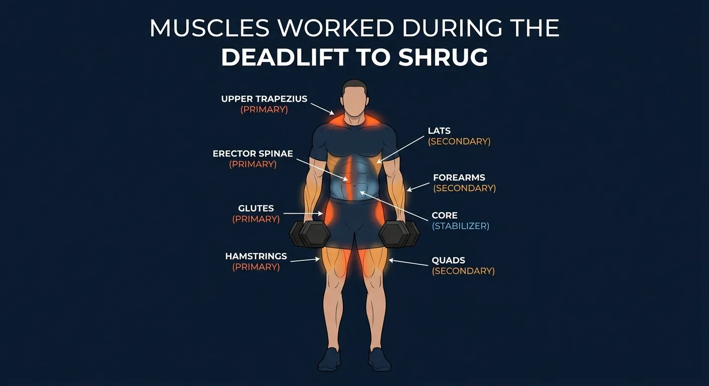 Deadlift to shrug muscles activated: hamstrings, glutes, erector spinae, and upper trapezius as primary movers, with the quadriceps, lats, forearms, and core assisting during the dumbbell hinge and shrug sequence