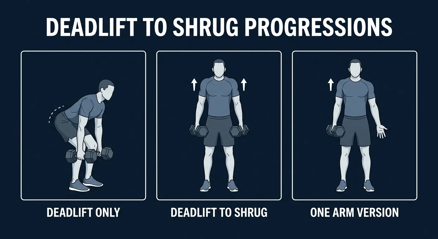 Deadlift to shrug progression path: dumbbell deadlift regression on the left, standard two-dumbbell deadlift to shrug in the middle, and single-dumbbell anti-rotation deadlift to shrug on the right