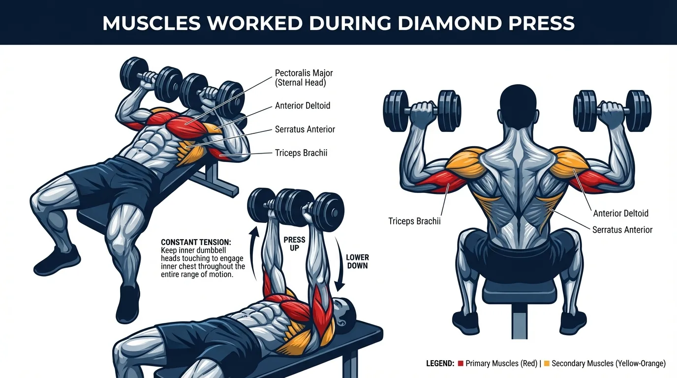 Diamond press muscles activated: pectoralis major with sternal (inner) fiber emphasis, triceps brachii, and anterior deltoids as primary movers, with rotator cuff, serratus anterior, and upper back as stabilizers during the constant inward squeeze