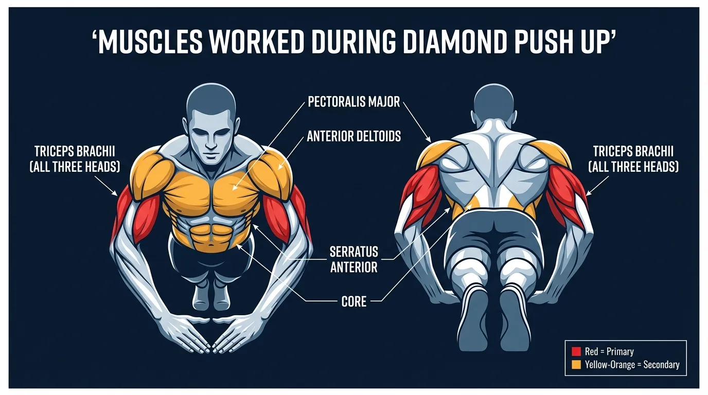 Diamond push-up muscles activated: triceps brachii (all three heads) as the primary mover, with the pectoralis major sternal head, anterior deltoids, serratus anterior, and core as secondary movers and stabilizers