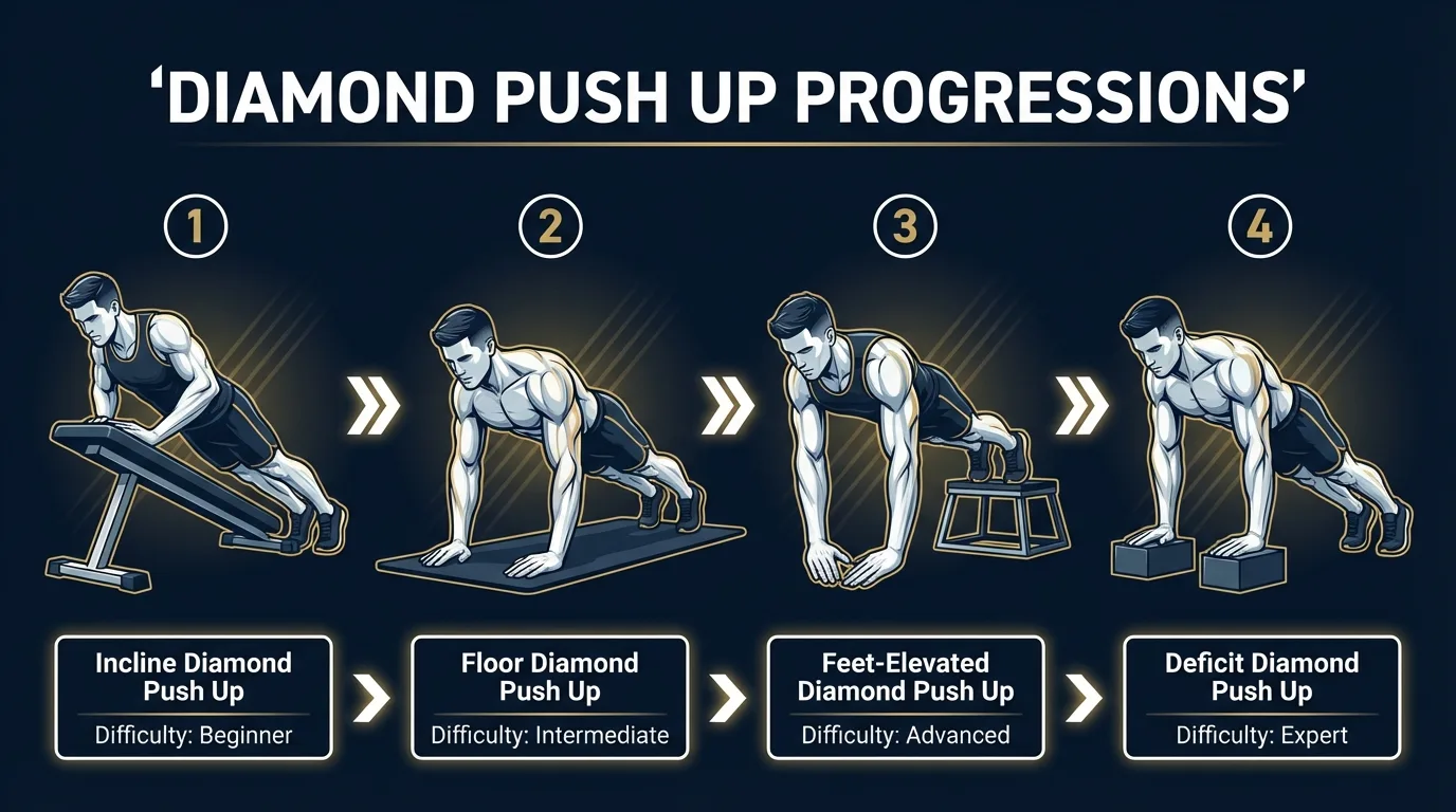 Diamond push-up progression from incline diamond push-up (beginner) to floor diamond push-up to feet-elevated diamond push-up to deficit diamond push-up (expert), with increasing difficulty