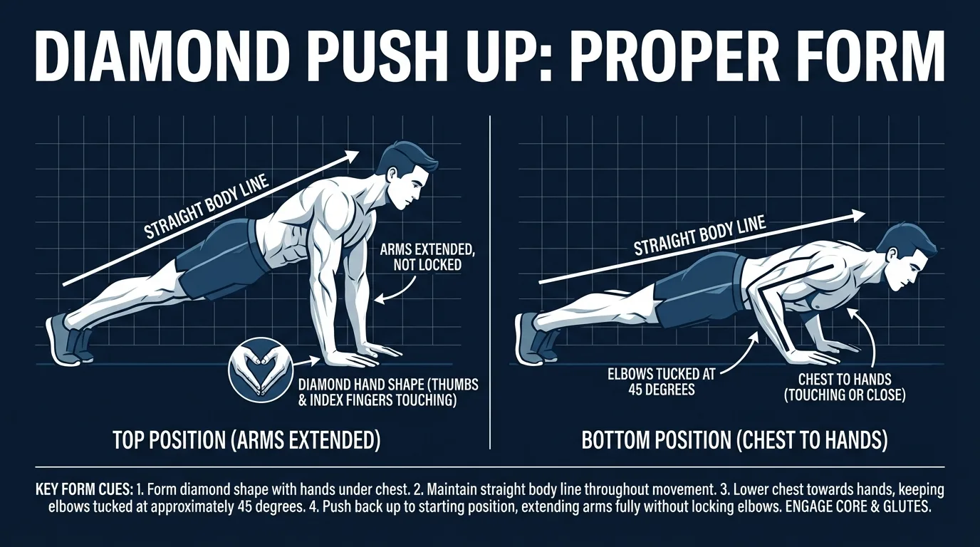 Diamond push-up proper form: diamond hand shape directly under the chest, elbows tucked at roughly 45 degrees along the ribs, body in a rigid plank line from head to heels