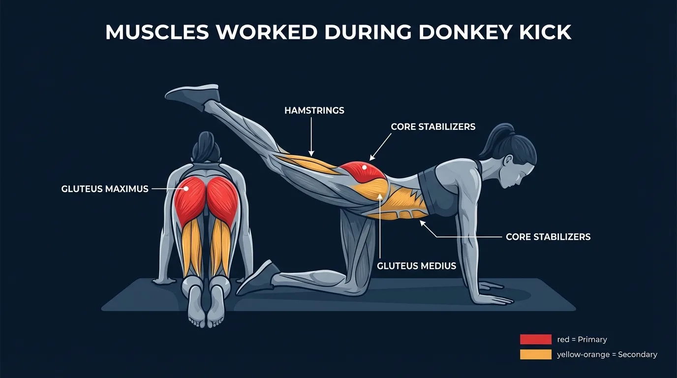 Donkey kick muscles activated: gluteus maximus as the primary mover with hamstrings, gluteus medius, and core stabilizers as supporting muscles during quadruped hip extension