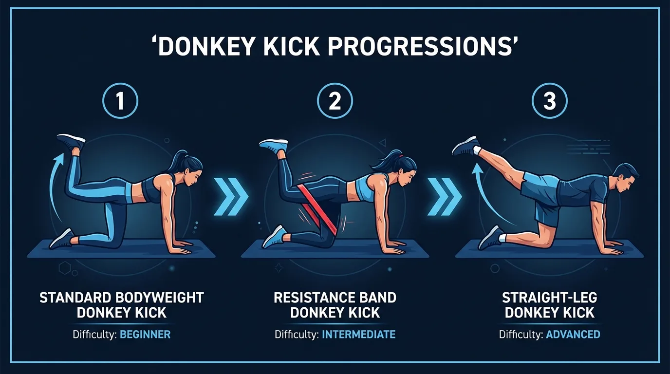 Donkey kick progression path from standard bodyweight version to mini-band resistance variation to straight-leg advanced variation