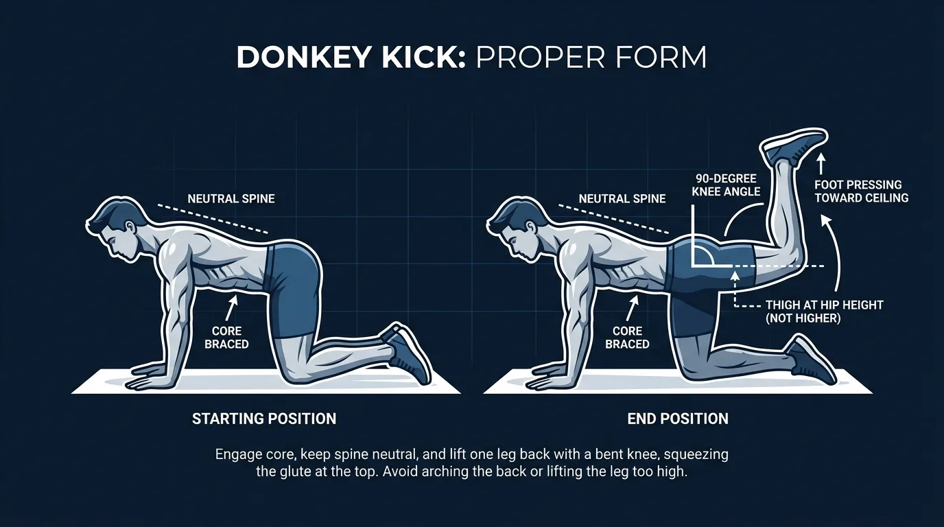 Donkey kick proper form: starting position on all fours with neutral spine, transitioning to end position with foot pressing toward the ceiling, knee bent at 90 degrees, thigh in line with torso