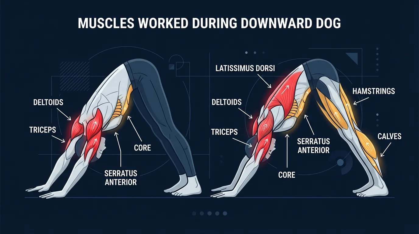 Downward dog muscles engaged and stretched: deltoids, latissimus dorsi, and triceps as primary working muscles, with hamstrings, calves, and spinal extensors lengthening, and the core stabilizing the inverted V
