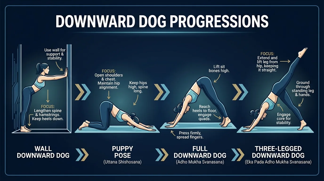 Downward dog progression path: wall downward dog (beginner) to puppy pose (beginner) to standard downward dog (intermediate) to three-legged downward dog (advanced)
