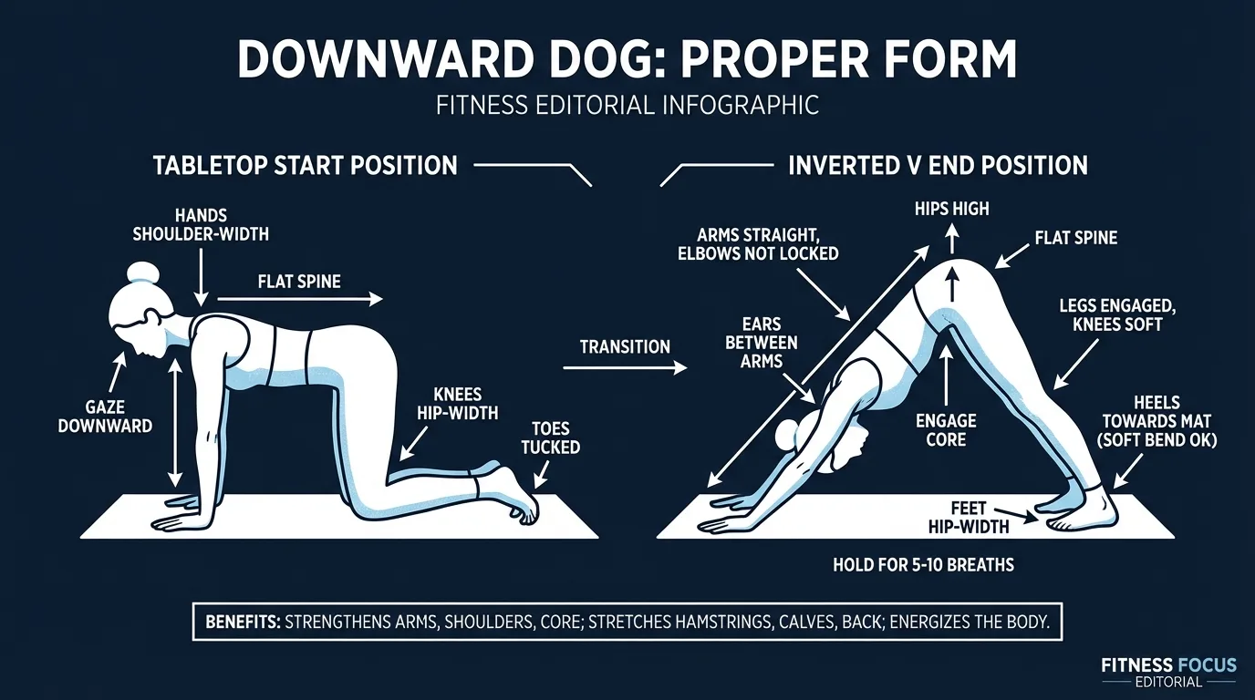 Downward dog proper form: tabletop starting position transitioning to the inverted V with hands shoulder-width apart, ears between upper arms, long flat spine, and hips driving up and back