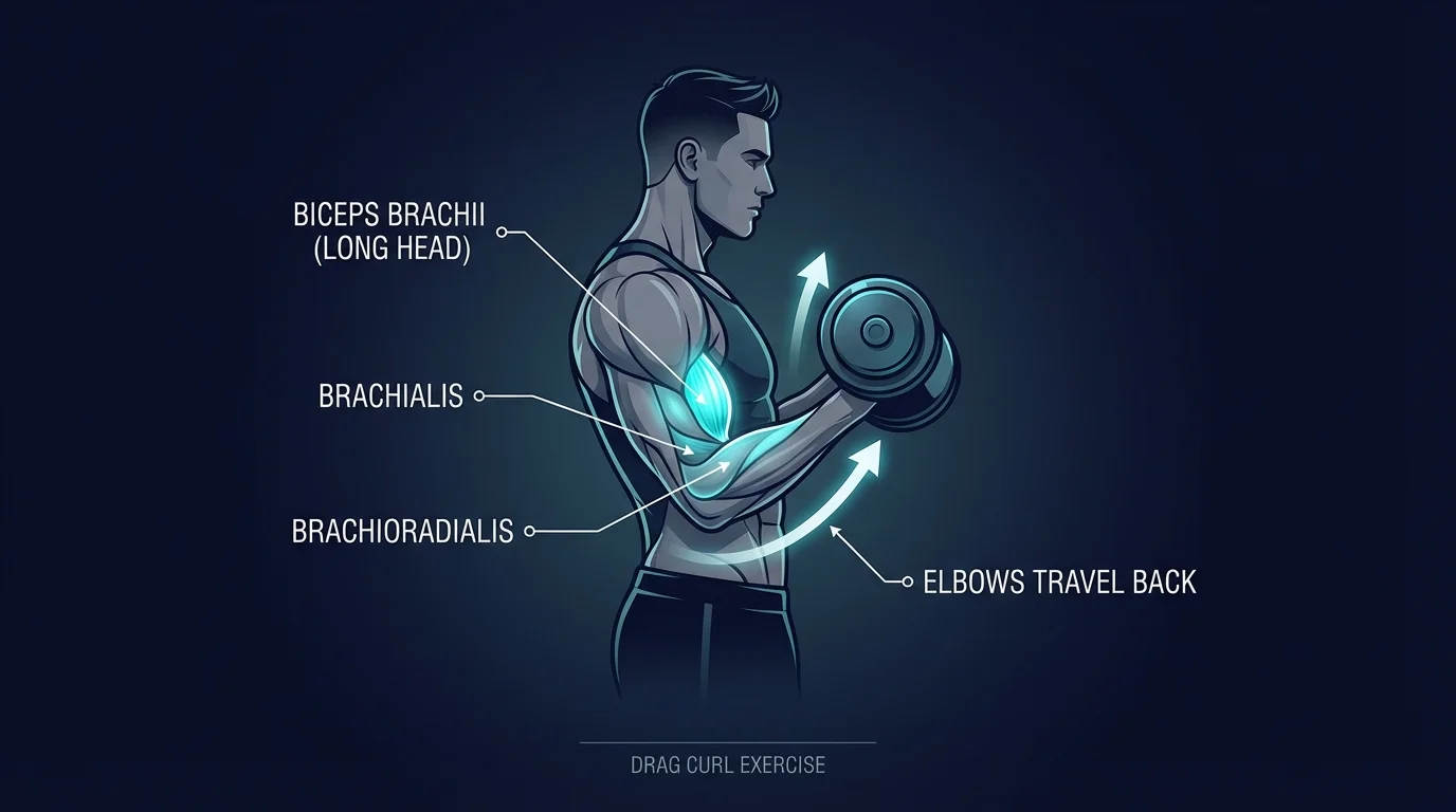 Drag curl muscles targeted: biceps brachii long head as the primary mover, with brachialis, brachioradialis, and posterior deltoid assisting as the elbows travel backward behind the torso