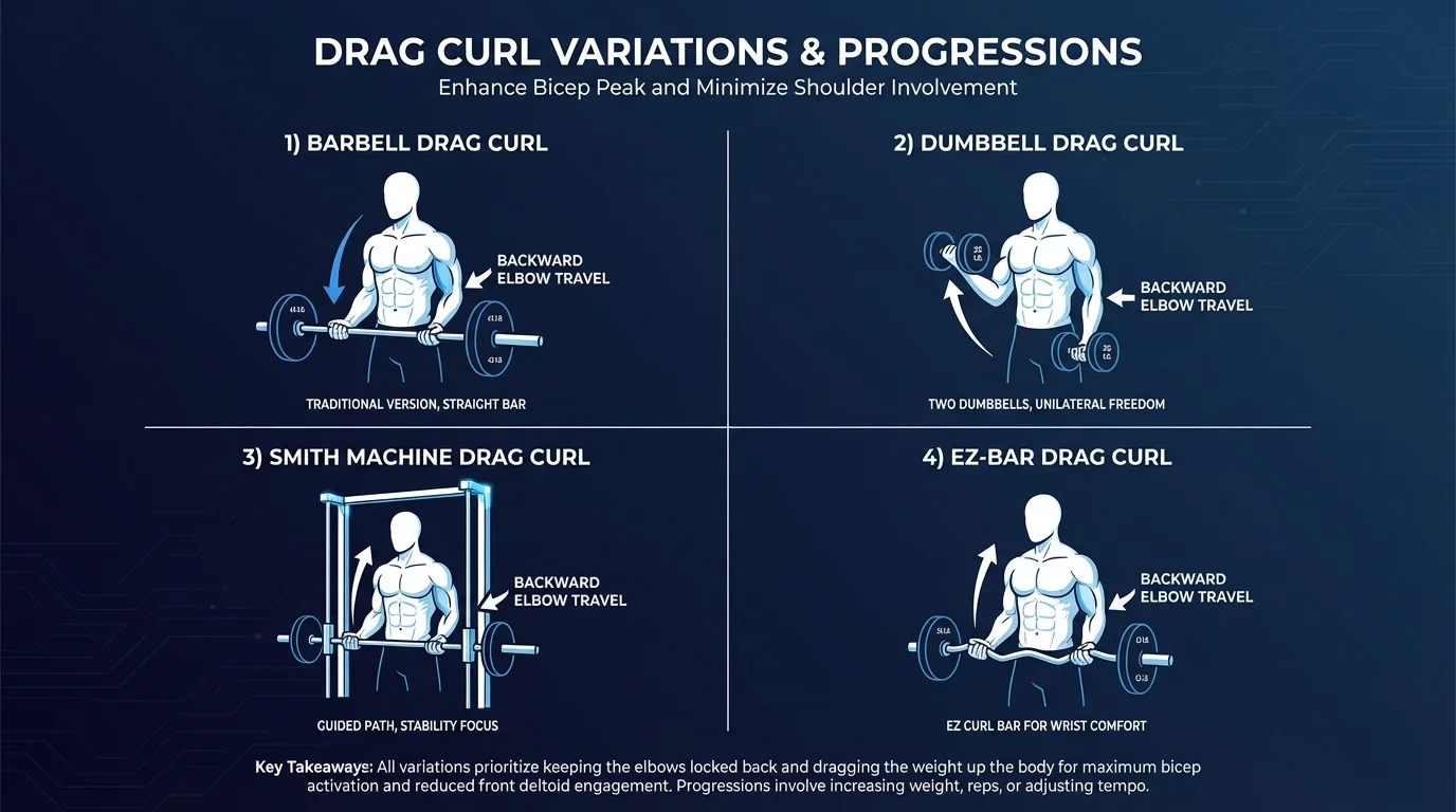 Drag curl variations and progressions: barbell drag curl, dumbbell drag curl, Smith machine drag curl, and EZ-bar drag curl, each labeled with its difference from the standard version