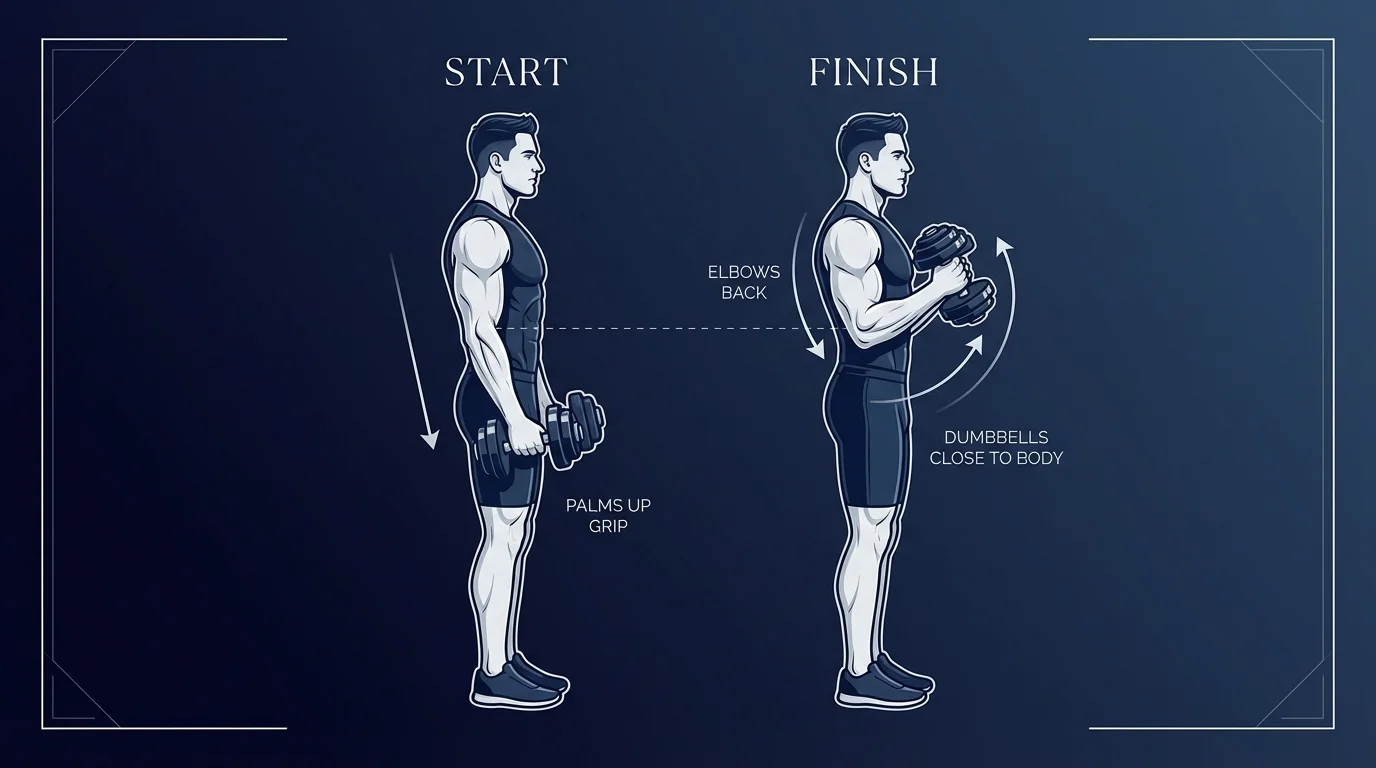 Drag curl proper form: starting position with dumbbells at the thighs and finish position with elbows driven backward behind the torso, dumbbells dragged up close to the lower chest