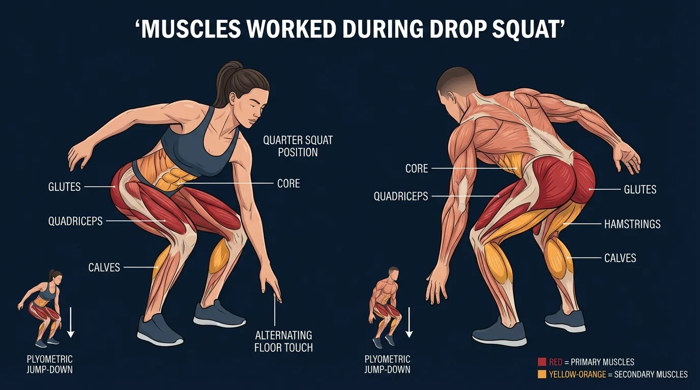 Drop squat muscles activated: quadriceps, gluteus maximus, and calves as primary movers, with hamstrings, hip adductors, hip abductors, and core as stabilizers during the wide landing