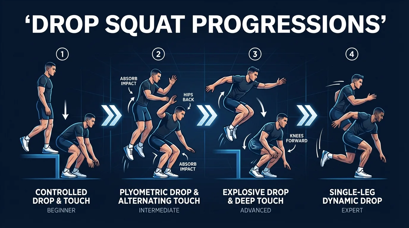 Drop squat progression ladder from step-out squat regression to standard drop squat to drop squat with pause to drop squat with vertical jump