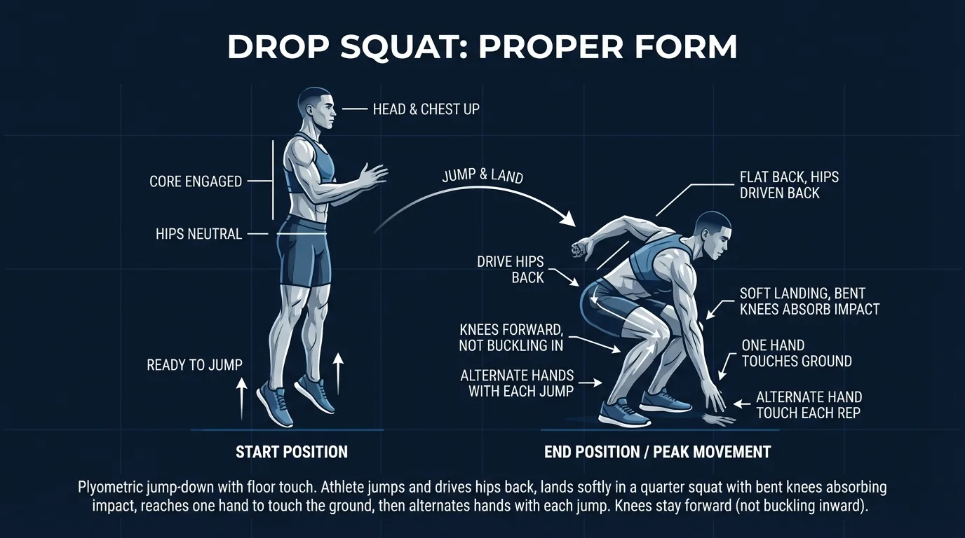 Drop squat proper form sequence showing narrow starting stance, feet jumping outward, and a controlled soft landing in a wide squat with upright torso and knees tracking over toes