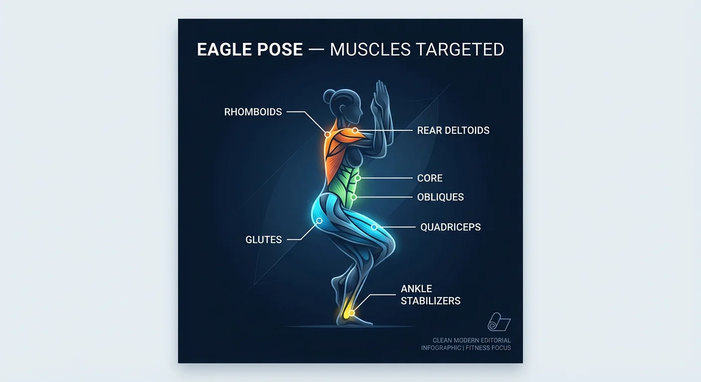 Eagle pose muscles engaged and stretched: quadriceps and glutes of the standing leg working isometrically, rhomboids and posterior deltoids stretched through the arm wrap, outer hip and inner-thigh adductors engaged through the leg wrap