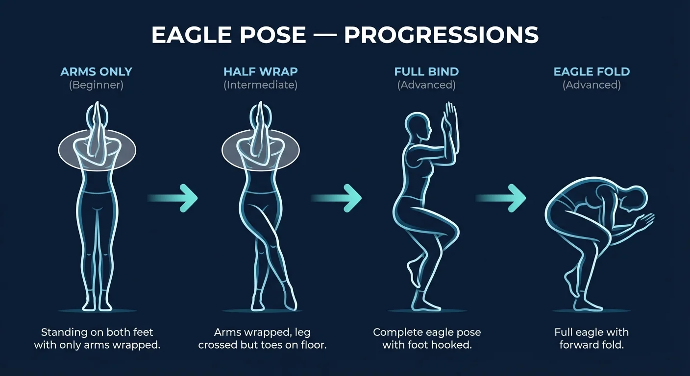 Eagle pose progression from arms-only seated variation (beginner) to half-wrap standing with toes on floor (intermediate) to full bind with foot hooked behind the calf (advanced), showing increasing difficulty levels