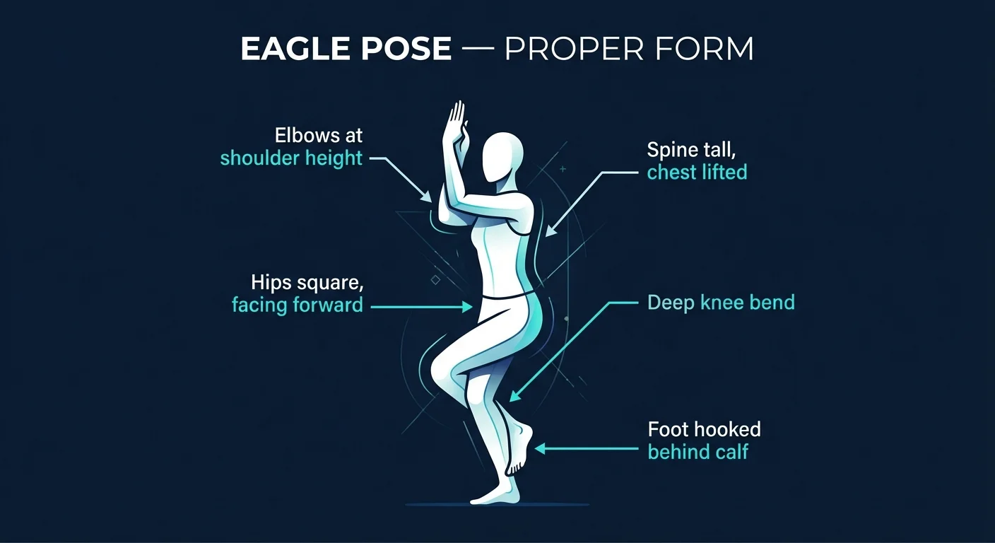 Eagle pose proper form: arms wrapped with elbows lifted to shoulder height, deep single-leg knee bend, hips square and facing forward, spine upright, foot hooked behind the standing calf