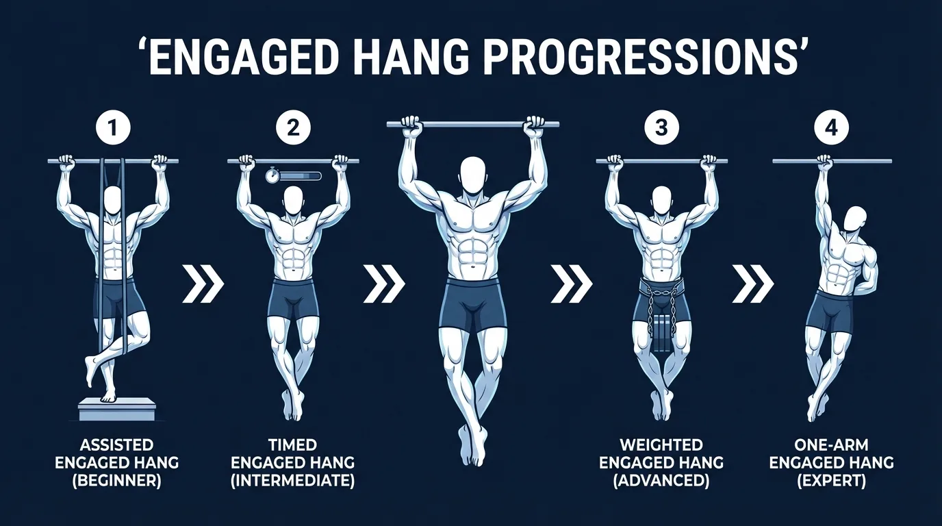 Engaged hang progression pathway showing feet-assisted hang, full engaged hang, scapular pull-up reps, chin-up negatives, and full chin-ups with difficulty levels