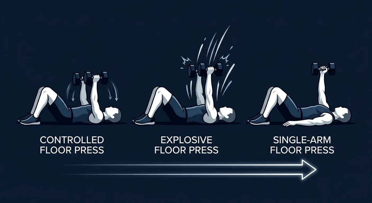 Explosive floor press progression path from the controlled dumbbell floor press to the explosive dead-stop press to the single-arm explosive floor press