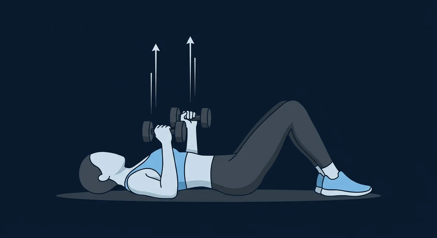 Explosive floor press proper form: lying on the floor with knees bent, dumbbells stacked over the elbows, upper arms resting on the ground at a 45-degree angle before the explosive press upward