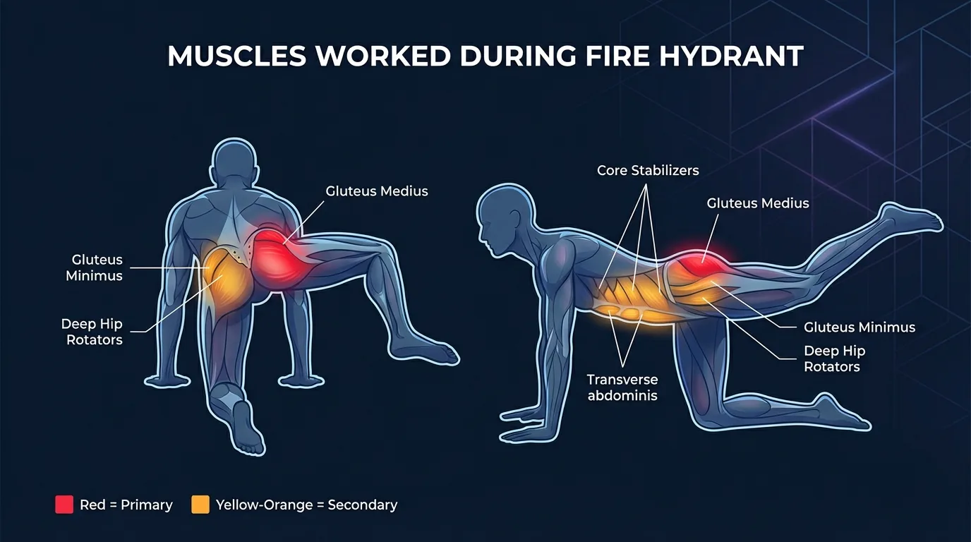 Fire hydrant muscles activated: gluteus medius as the primary mover on the side of the hip, with gluteus minimus, deep hip external rotators, and upper gluteus maximus as secondary movers, plus core stabilizers