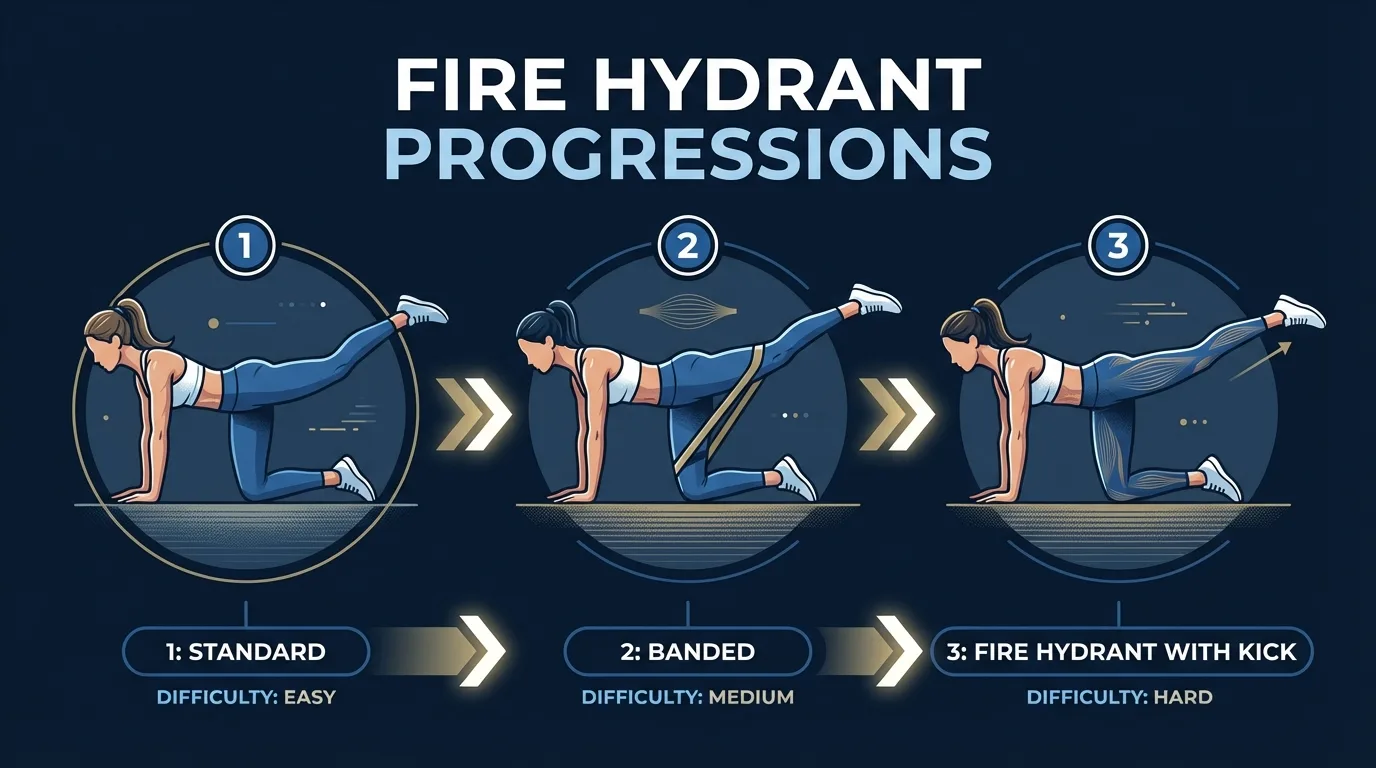 Fire hydrant progression sequence: standard bodyweight version, banded version with mini resistance band above the knees, and advanced version with leg extension at the top of the rep