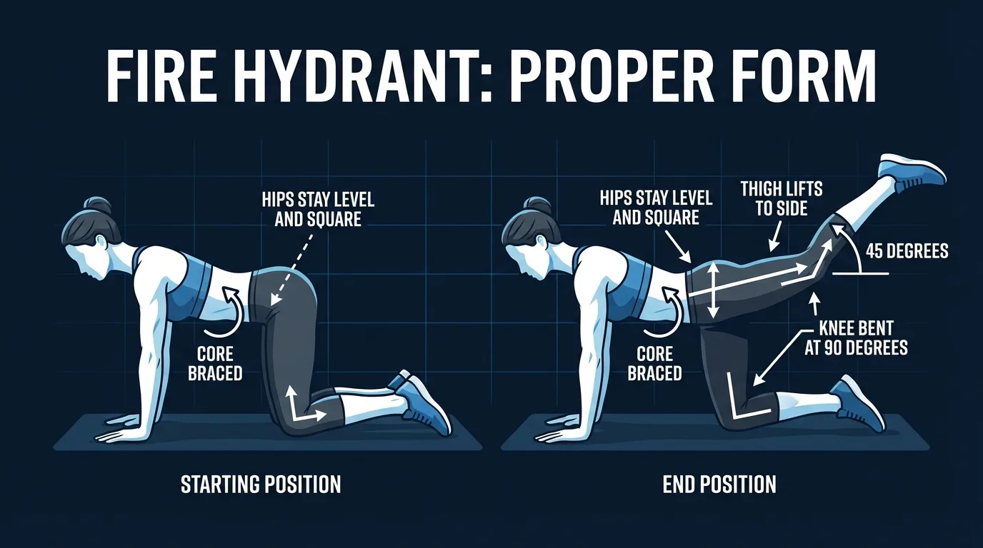 Fire hydrant proper form: all-fours starting position with hands under shoulders and knees under hips, and end position with the knee lifted to the side at 45 degrees, hips staying square and level throughout