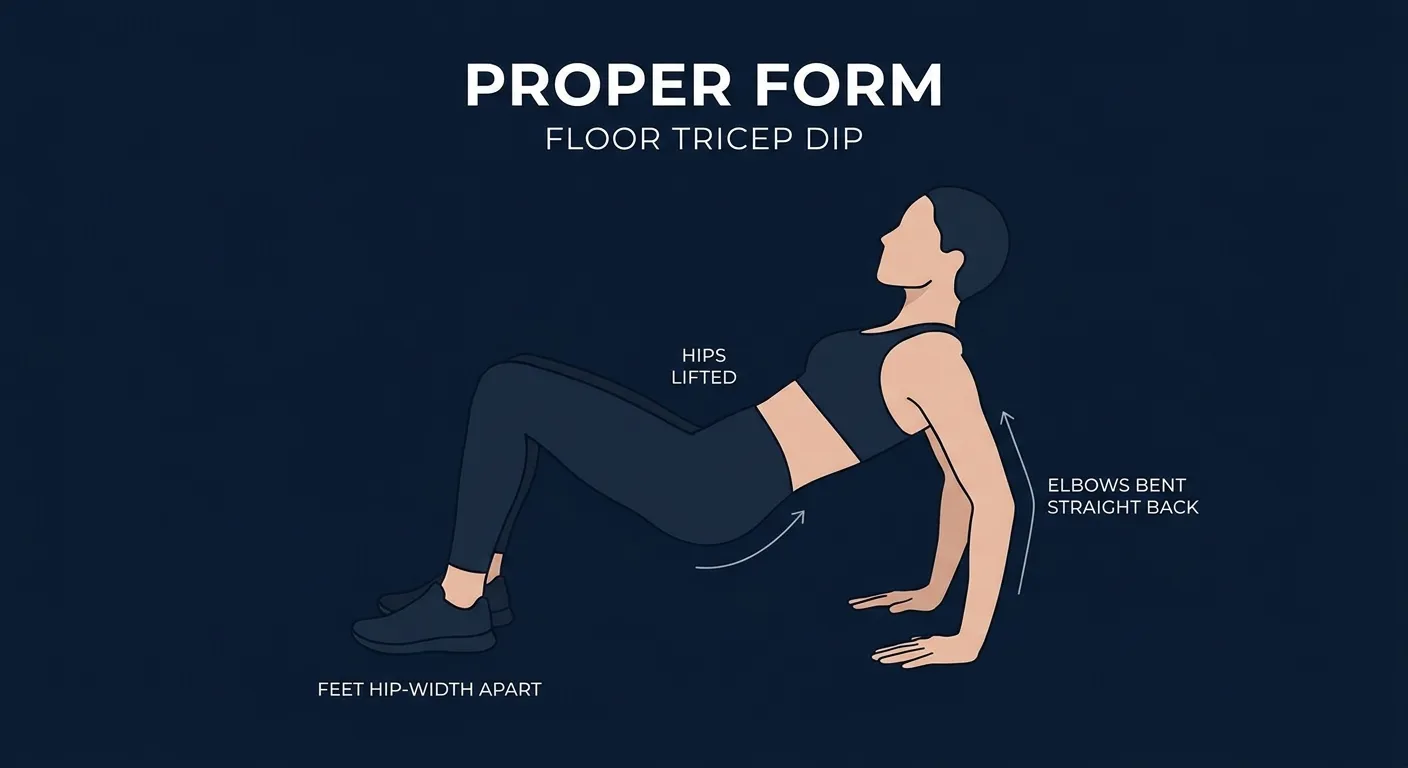 Floor tricep dip proper form: crab position with fingers pointing toward the feet, hips lifted off the floor, elbows bending straight back, shoulder blades pulled down away from the ears