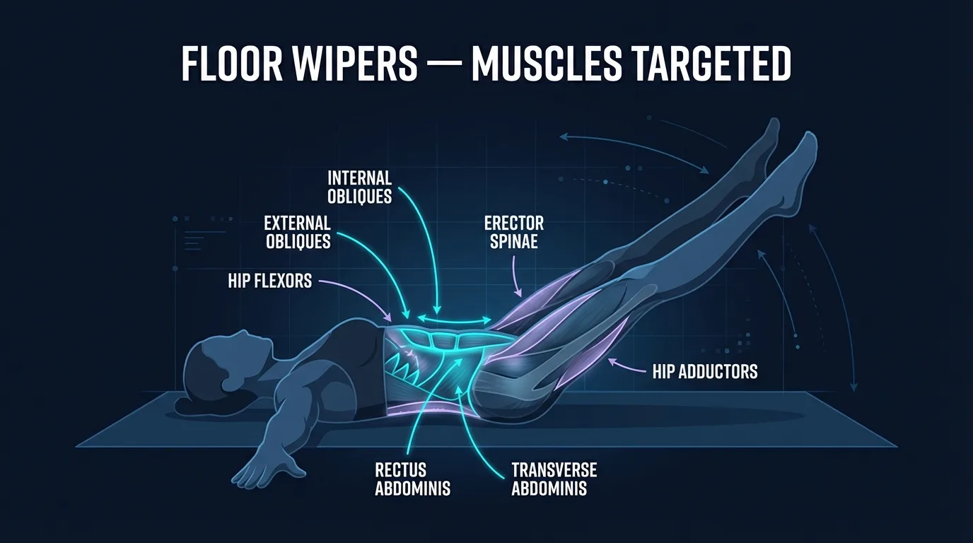 Floor Wipers muscles activated: internal and external obliques as primary movers driving rotation, with rectus abdominis and transverse abdominis bracing the trunk, and hip flexors and adductors keeping the elevated legs together