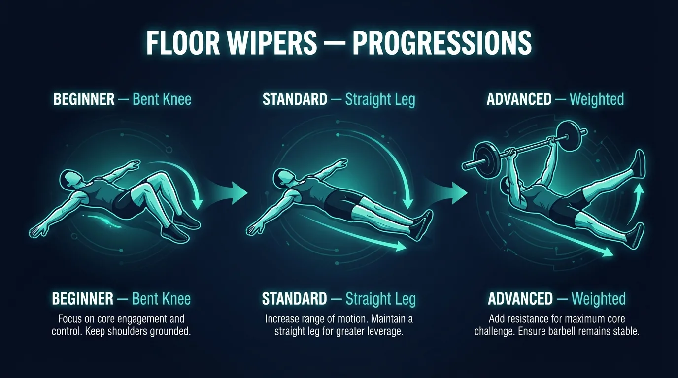 Floor Wipers progressions: bent-knee regression on the left for beginners, standard straight-leg bodyweight form in the middle, and weighted barbell variation on the right for advanced lifters